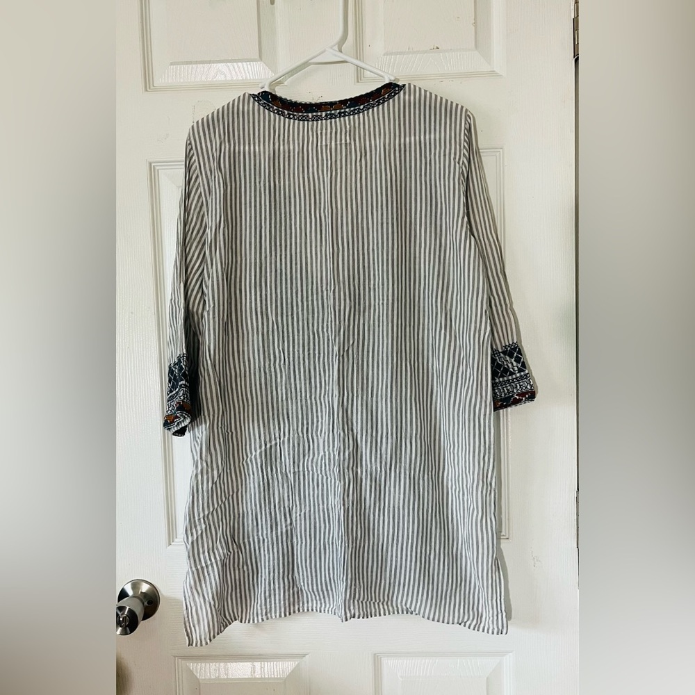 Johnny Was Striped Tunic with Navy & Rust Embroidery - Picture 2 of 10